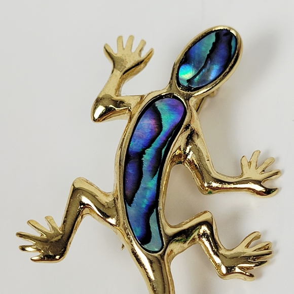 Ariki Gecko Brooch Pin~Blue Paua Shell~22k Goldplated~New Zealand - Picture 4 of 6